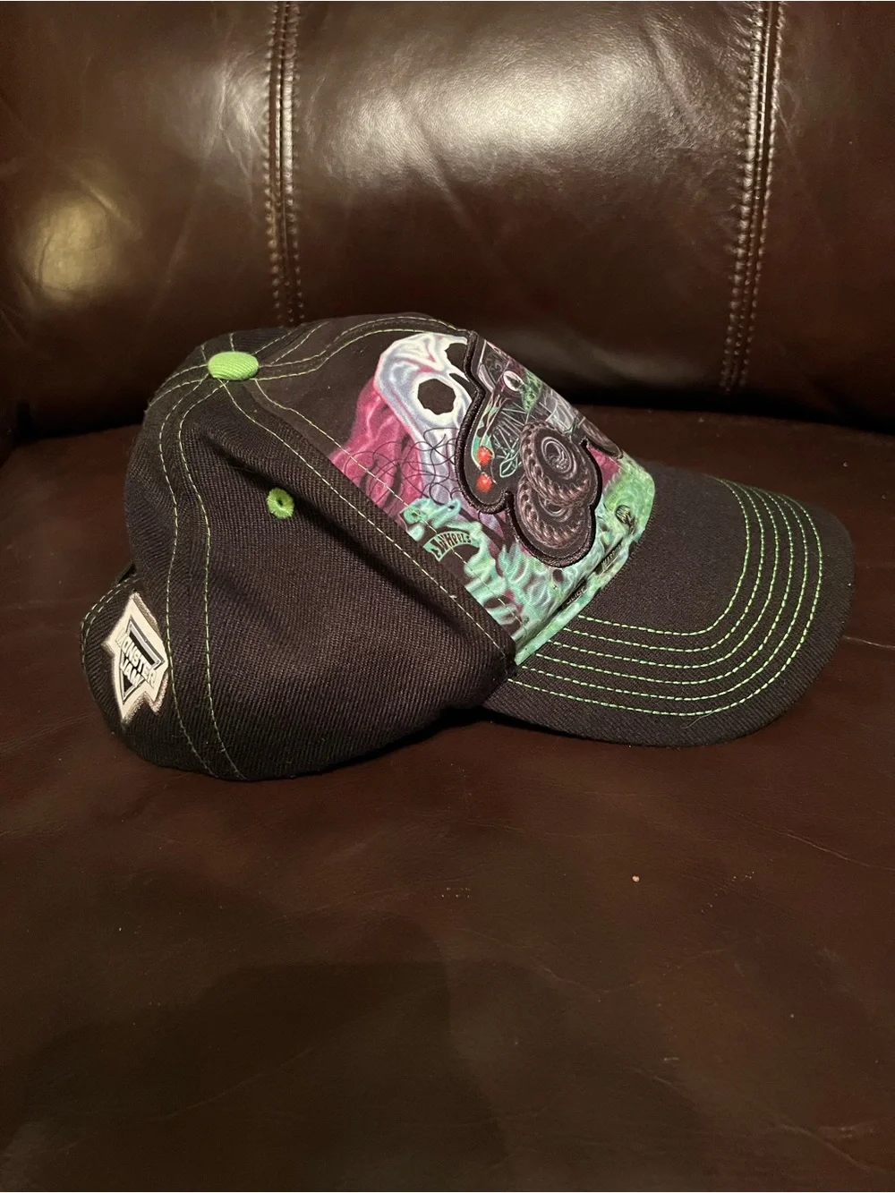 Grave Digger Kids Black Monster Truck Baseball Cap with Neon Green Accents